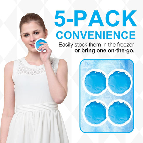 WORLD-BIO Small Round Ice Packs (5 Pack) Reusable Soft Gel Cold Pack with Cloth Sleeve - Fast Pain Relief & Swelling