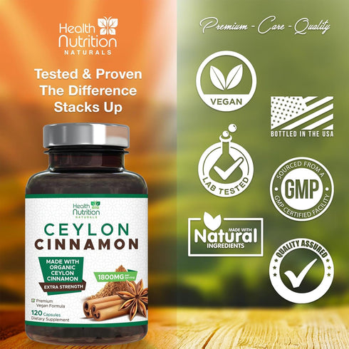 Pure Cinnamon Capsules 1800mg - Certified Organic Ceylon Cinnamon Powder, Non-GMO, Vegan, 120 Count Antioxidant Rich