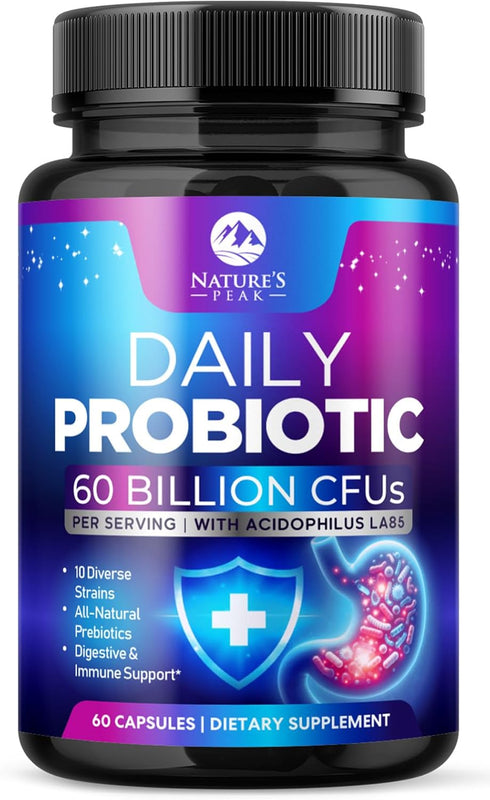 Daily Probiotics and Prebiotics 60 Billion CFU - 10 Strains, 60 Capsules for Gut Health, Constipation, Gas & Bloating