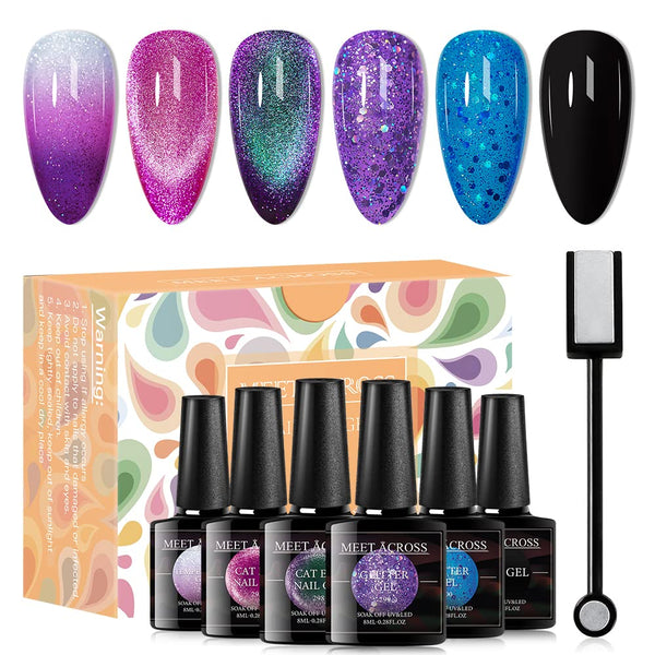 MEET ACROSS Cat Eye Gel Nail Polish Set, 6 Colors Color Changing Gel Polish Kit, 8ml Bottle Gift Box