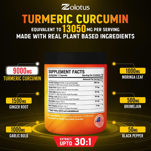 6 in 1 Turmeric Curcumin + Ginger Capsules, 95% Curcuminoids, Equivalent to 13050mg, with Ginger, Garlic Bulb, Bromelain, Moringa, Black Pepper, Joint & Absorption Support - 120 Capsules