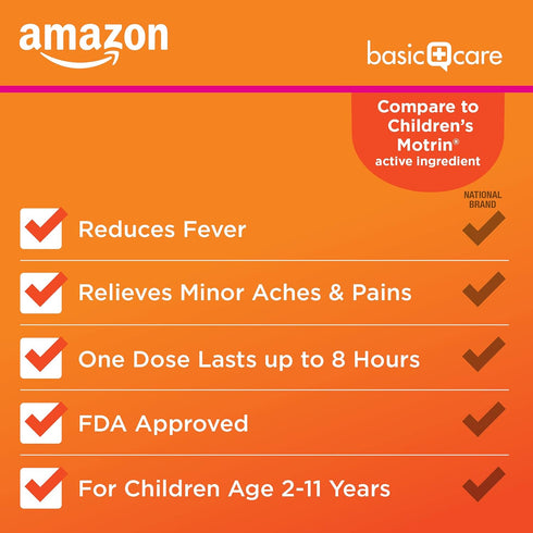 Amazon Basic Care Children's Ibuprofen Oral Suspension, 100 mg per 5 mL, Pain Reliever, 8 fl oz