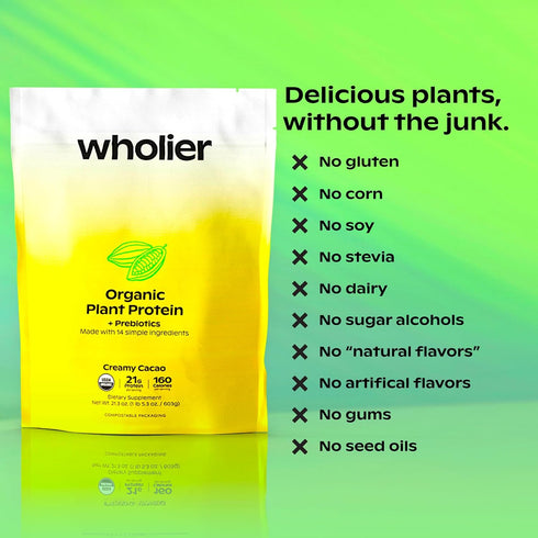 wholier Organic Plant Protein + Prebiotics, 21g Vegan Protein, 5g Fiber, Vanilla Bean