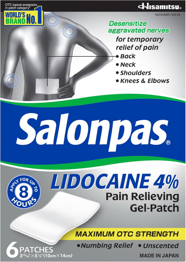 Salonpas Lidocaine 4% Pain Relieving Gel-Patch, 6 Count for Back, Neck, Shoulder, Knee & Elbow
