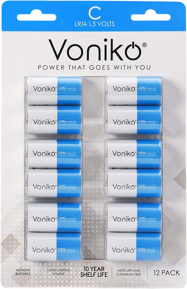 Voniko Ultra Alkaline C Batteries (12 Pack), C Size LR14 Batteries, 10-Year Shelf Life, 6-9 Times The Power