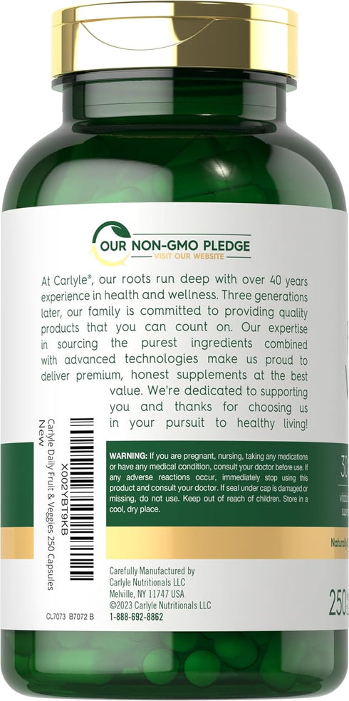 Carlyle Fruits and Veggies Supplement - 250 Capsules with 30 Fruits and Vegetables, Vegetarian, Non-GMO