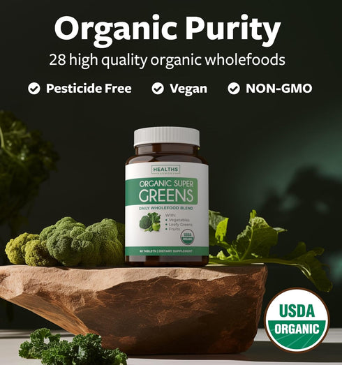USDA Organic Greens Powder | 60 Tablets - Complete Superfood Supplement with 28 Fruits & Vegetables, Energy, Gut