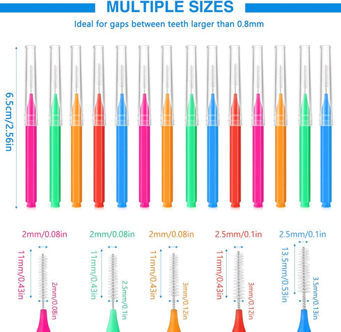 200 Pcs Interdental Brushes Braces Brush for Cleaner, 5 Colors, 5 Sizes, Soft Dental Tooth Flossing Head
