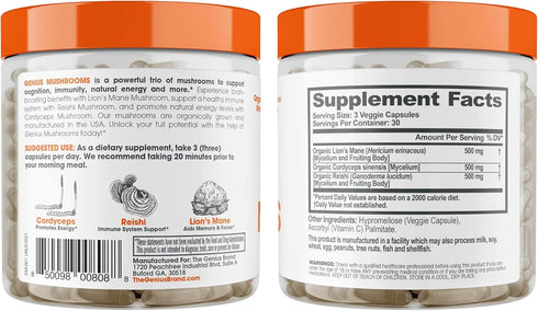 Genius Lions Mane Supplement Capsules, Organic Nootropic, 1200mg per Serving, 120 Veggie Pills