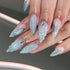 KKUUOO Medium Almond Light Blue Press on Nails, French False Nails with Shell Design & Rhinestones, 24 Pcs