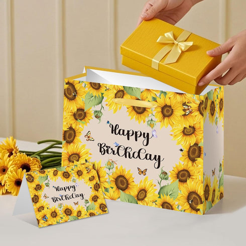 HSKMAKE Sunflower Birthday Gift Bag Yellow Sunflower Paper Bag with Card Yellow Tissue Paper Sunflower Wrapping Paper