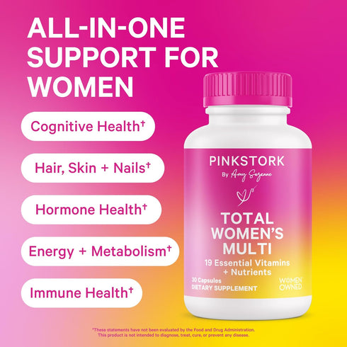 Pink Stork Total Women's Multivitamin - Supports Hair, Skin, Nails, Bone Health & Immune System - 30 Capsules