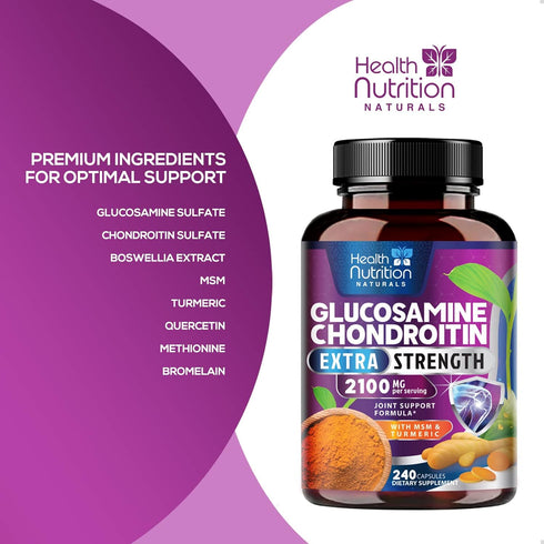 Glucosamine Chondroitin Supplements - 240 Capsules with MSM Complex, Turmeric & Boswellia for Joint Support & Mobility