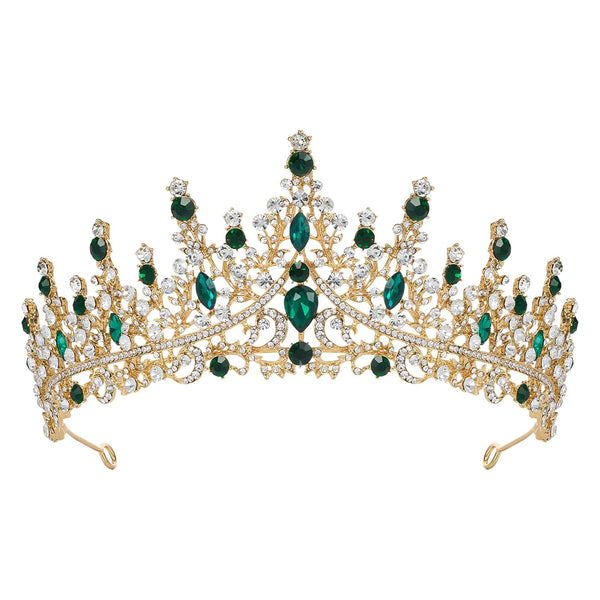 SWEETV Green Gold Tiara Crown - Crystal Hair Accessories for Women & Girls, Queen Crown for Quinceanera, Prom