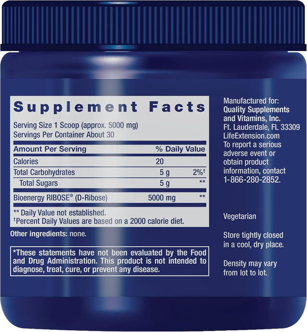 Life Extension D-Ribose Powder, 150 Grams for Heart and Muscle Health