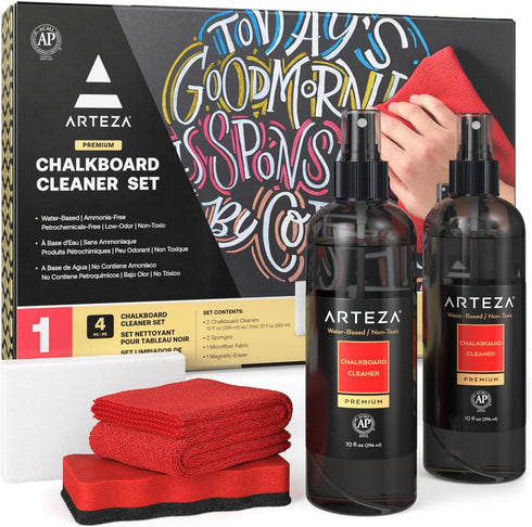 Arteza Chalkboard Cleaner Set, 2 Cleaners, 10-Ounces Each, with Microfiber Towel and Magic Sponges