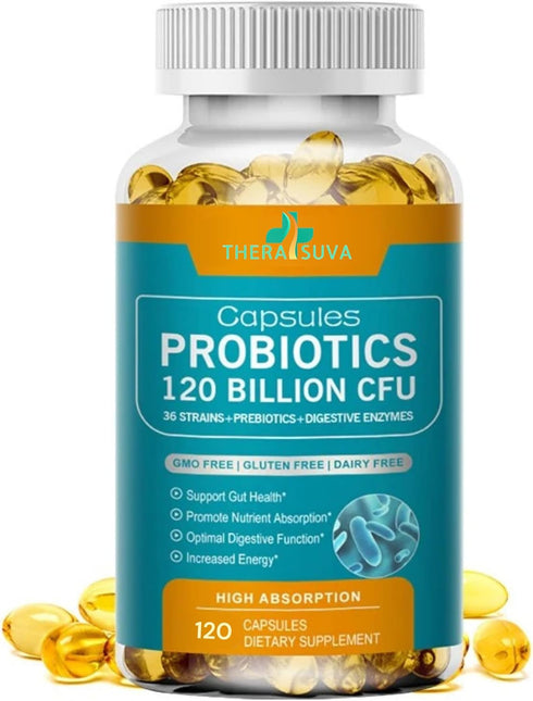 Probiotics 120 Billion CFU, 36 Strains + Organic Prebiotics & Digestive Enzyme Complex, 120 Softgels for Gut Health