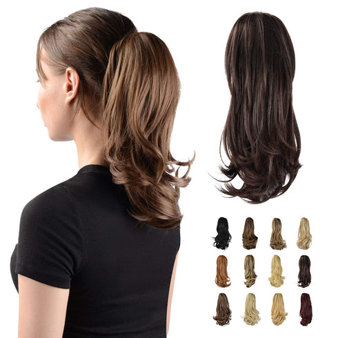 Sofeiyan 13" Ponytail Extension, Long Curly Clip in Claw Hair Extension for Women, Dark Brown & Dark Auburn Mixed