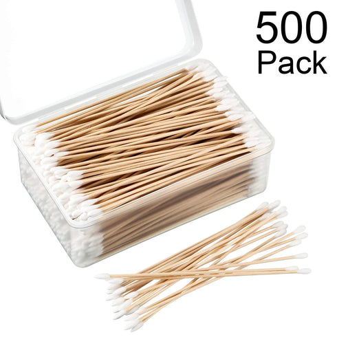 Norme 6 Inch Cotton Swabs in Storage Box 500 Pcs Long Cotton Swab Pointed and Round Tip with Wooden Handle Cleaning Swabs Buds for Makeup Gun Cleaning Pet Care