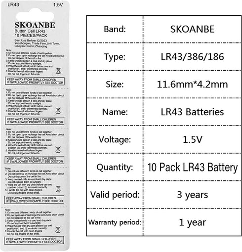 SKOANBE 10 Pack LR43 386 AG12 301 186 1.5V Button Cell Batteries