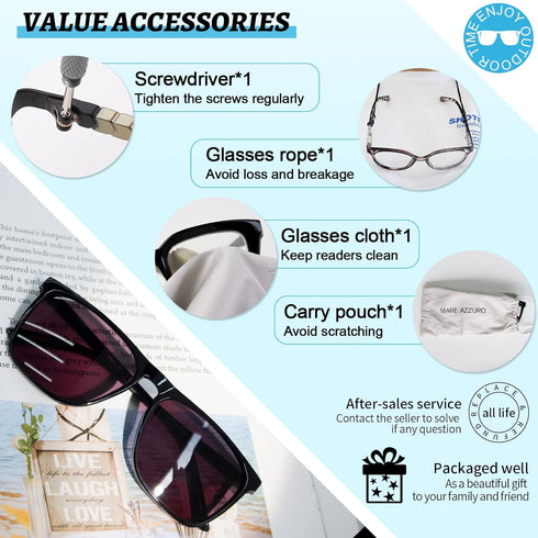 MARE AZZURO Large Square Reader Sunglasses, Men Outdoor Sun Reading Glasses, Black, 1.25