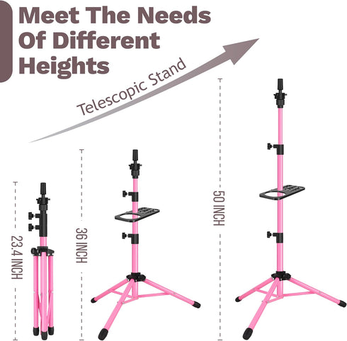 Wig Stand Tripod, 55 Inch Metal Mannequin Head Tripod Stand for Hairdressing Training (Pink, Head Not Included)