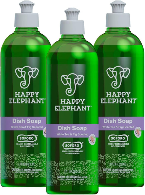 Happy Elephant Dish Soap - Liquid Ez Squeeze Bottle, Superior Cleaning Power, Easy Rinse, Gentle on Hands - White Tea