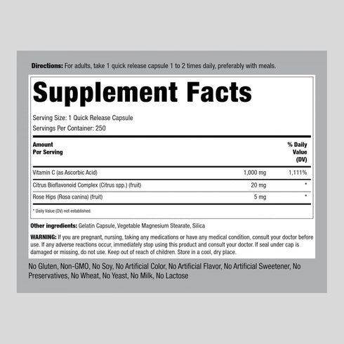 Piping Rock Vitamin C 1000mg | 250 Capsules | with Bioflavonoids and Rose Hips | Non-GMO, Gluten Free Supplement