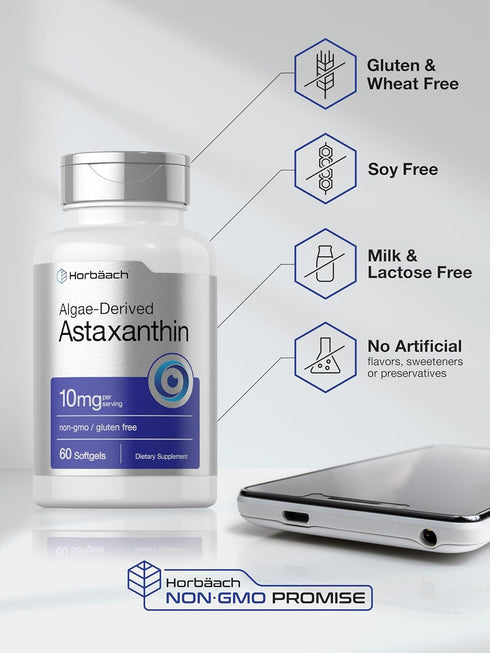 Horbaeach Astaxanthin 10mg, 60 Softgels, Algae Derived Non-GMO, Gluten Free Supplement