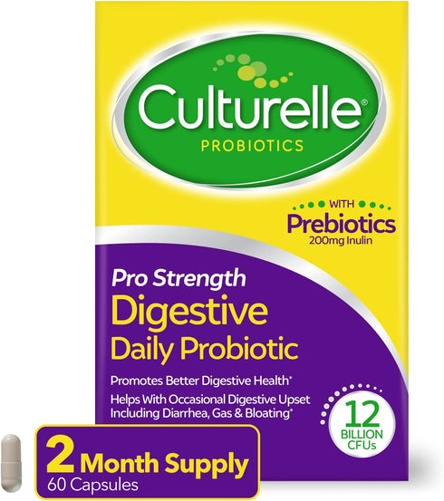 Culturelle Pro Strength Daily Probiotics for Digestive Health, 60 Count, with Prebiotics for Women & Men