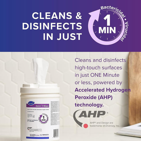 Diversey Oxivir 1 100962573 Disinfectant Wipes, 60 Large Wipes, Virucidal, Bactericidal, 1-Canister