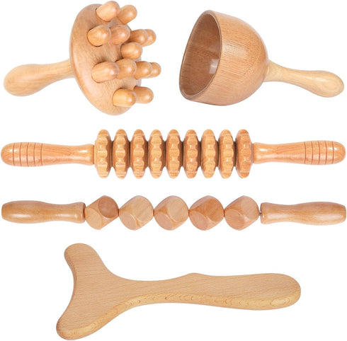 Wood Therapy Massage Tools, 5-in-1 Lymphatic Drainage Massager Kit for Muscle Pain Relief and Body Contouring