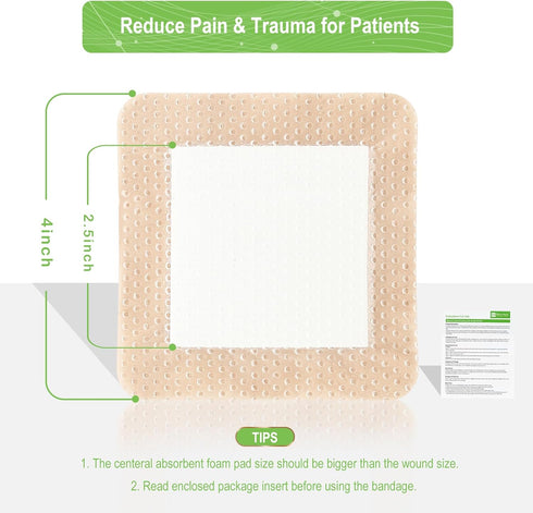 NeuHeils Silicone Adhesive Foam Dressing with Gentle Border 4''x4'' for Bed Sore Leg Ulcer, 10 Pack, High Absorbency