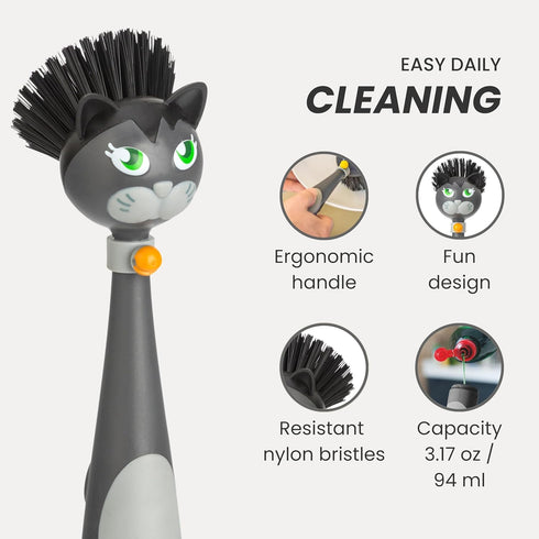 Vigar Felix Cat-Shaped Soap Dispensing Dish Brush, Dish Brush with Soap Dispenser for Pot Scrubber, Dishes, Sink