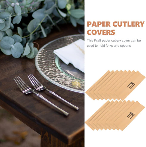 100pcs Brown Kraft Paper Bags, Disposable Silverware Flatware Sleeves for Kitchen Cutlery Utensils Holder, Christmas