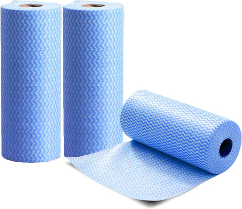 KMAKII Reusable Cleaning Cloths, 50 Count/Roll Disposable Dish Rags, 3 Rolls Blue, Absorbent and Quick Drying