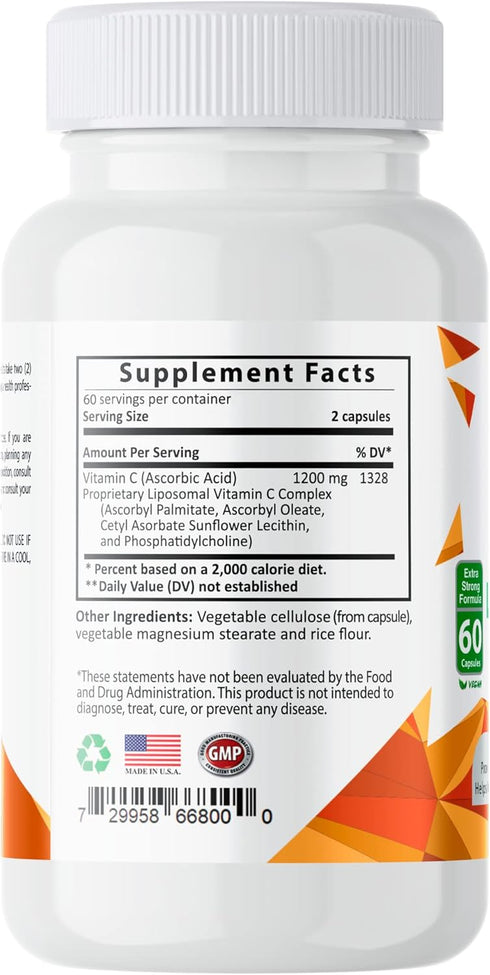 Pure Liposomal Vitamin C - 1200mg Immune System & Collagen Health Booster, 120 Capsules