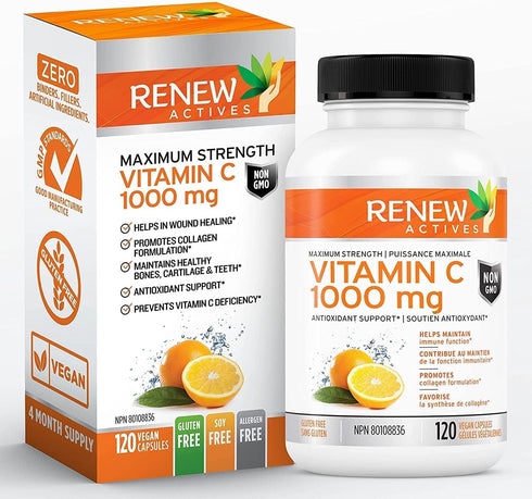 Renew Actives Maximum Strength Vitamin C 1000MG - Antioxidant & Immune Booster, Non-GMO, Sugar Free, 120 Vegan Capsules