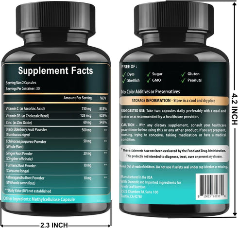 Immune 8-in-1 5000 60 Elderberry Support Supplement Formula with Echinacea, Vitamin C & Zinc, Vitamin D IU, Turmeric
