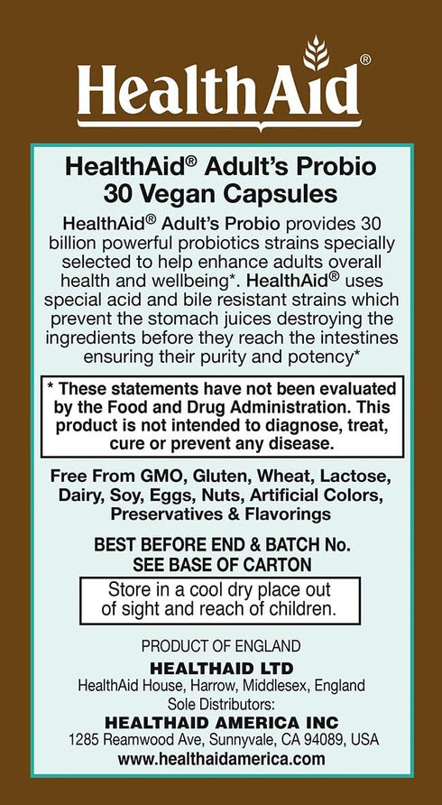 AdultsProbio 30ct, 30 Billion, 10 Strains, Once Daily, Vegan, Dairy & Gluten Free, Acid & Bile Resistant