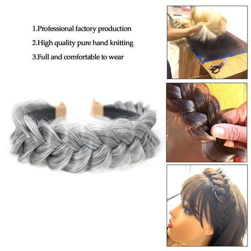 Wide Braided Headband Hoop Hair Accessories for Women and Girls, Elastic Non-slip Band (Silver Grey)
