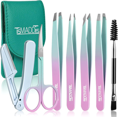 TsMADDTs Eyebrow Tweezer Set, 7 Pcs Precision Tweezers for Women with Curved Scissors and Eyebrow Razor for Ingrown Hair