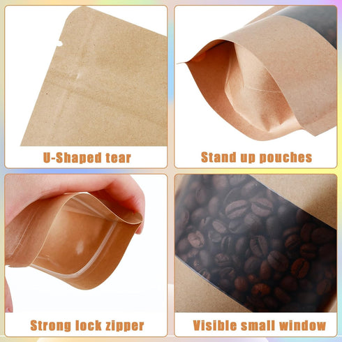 150 Kraft Mylar Bags for Food Storage, 6X9 Mylar Bags with Window, Resealable Bags for Small Business Packaging
