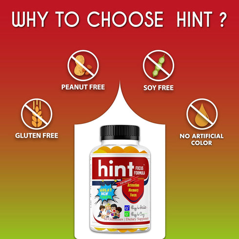 Hint Brain Memory Supplements for Kids & Teens, Omega 3 Vitamins, Low Sugar 60 Gummies for Focus & Eye Support