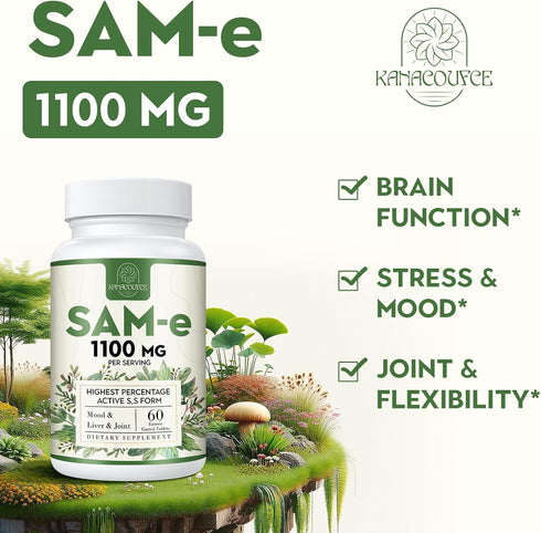1100mg SAM-e (S-Adenosyl-L-Methionine) Supplement - Highest Concentration of Active S,S Form Same for Mood, Joint &