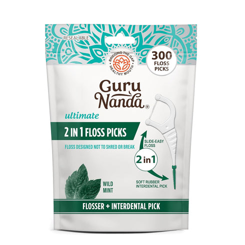GuruNanda 2 in 1 Dental Floss Picks, Non-Slip Grip Handle, Complete Oral Care with Interdental Pick (Mint Flavor)