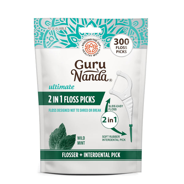 GuruNanda 2 in 1 Dental Floss Picks, Non-Slip Grip Handle, Complete Oral Care with Interdental Pick (Mint Flavor)