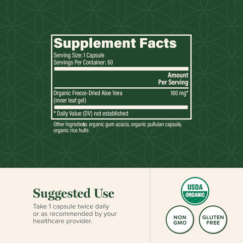 Global Healing Aloe Vera Bio-Active Organic Leaf Supplement, 200x Concentrate, 60 Capsules