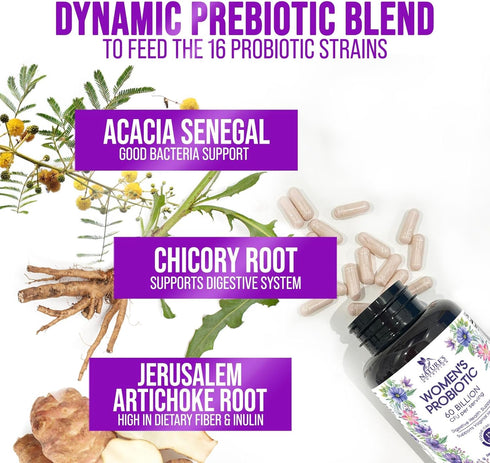 Probiotics for Women's Digestive Health, 60 Billion CFU, 16 Strains, 120 Capsules, Gluten Free, Immune & Gut Support