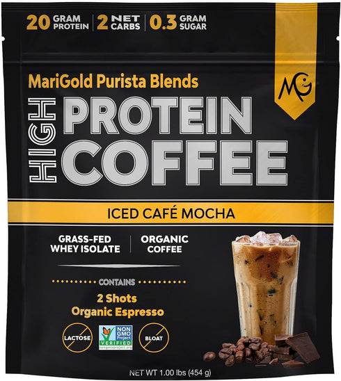 MariGold High Protein Coffee - Iced Café Mocha, 20g Grass Fed Whey Protein Isolate, 1 Lb Bag